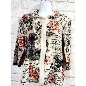 Onque Casuals Tan Multicolor Floral Paris Print Full Zip Cardigan Large